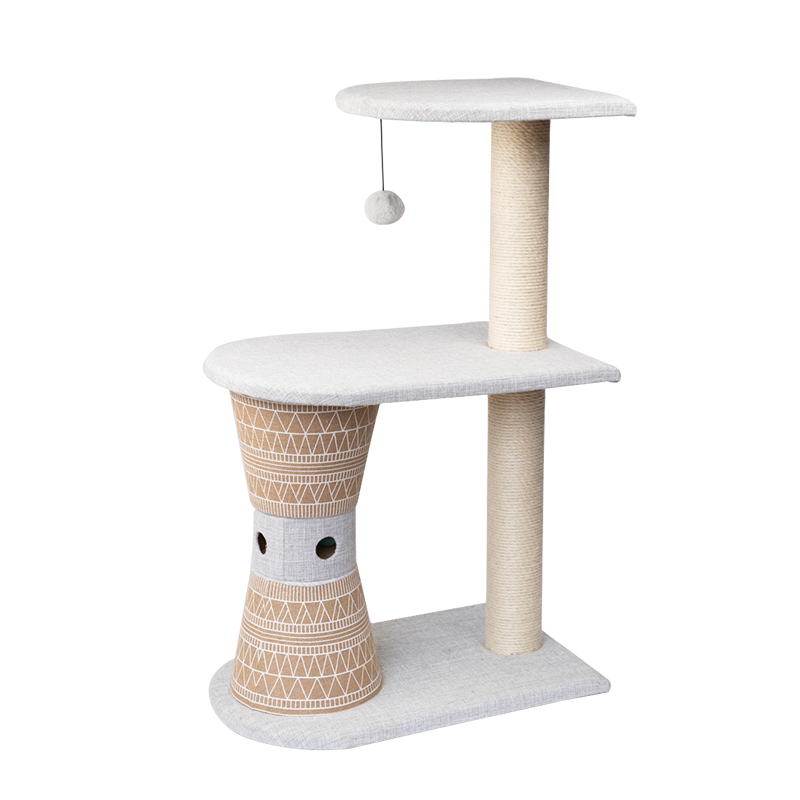 National style three layer cat tree with scalping post and cat toy